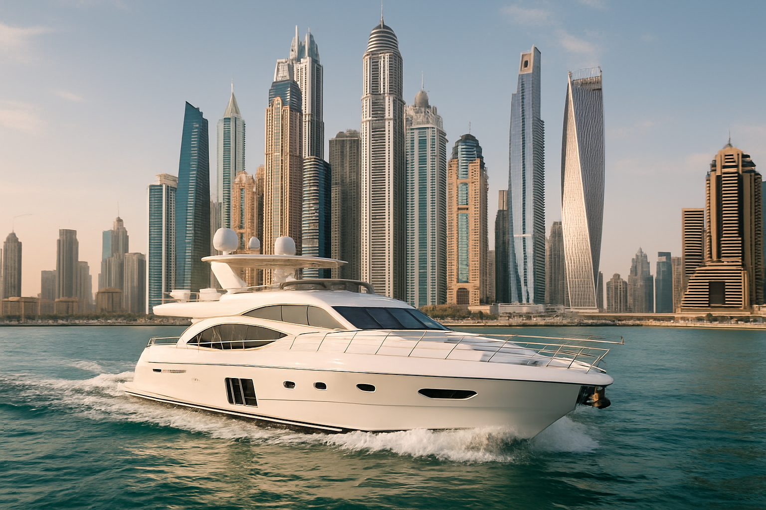 Private yacht cruising along Dubai Marina skyline