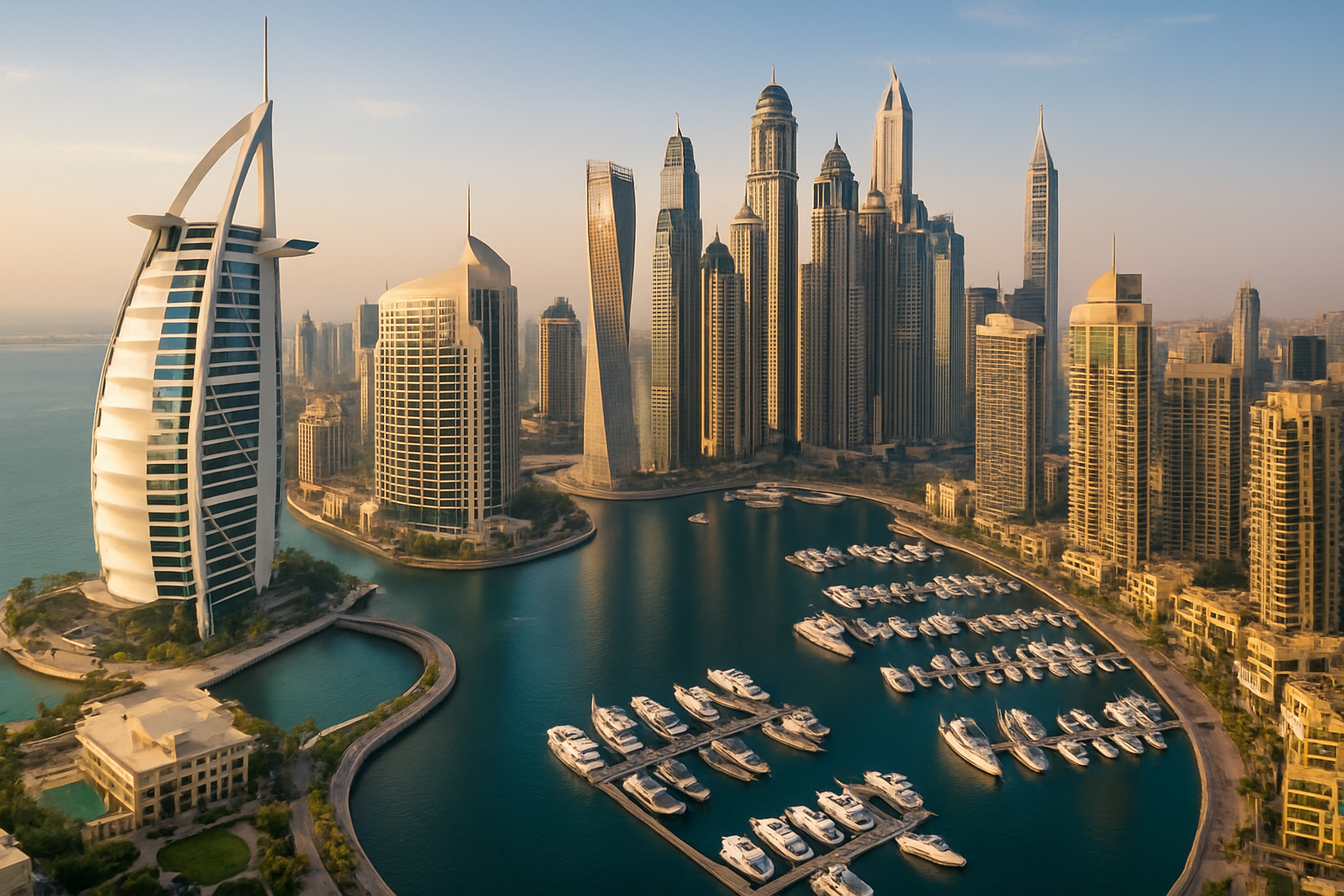 Aerial view of luxurious Dubai skyline with premium hotels and yachts