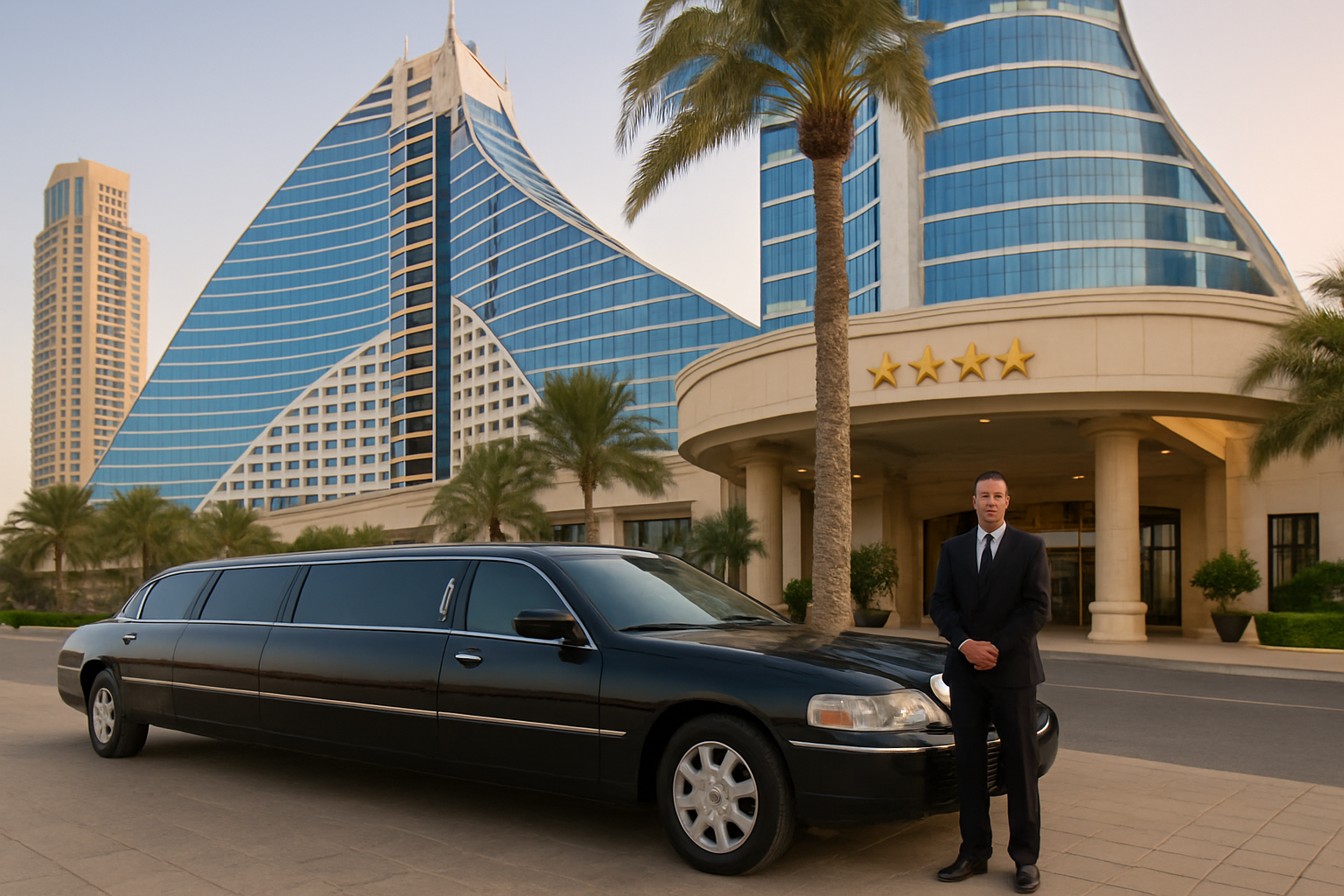 Chauffeured limousine service in front of a five-star Dubai hotel