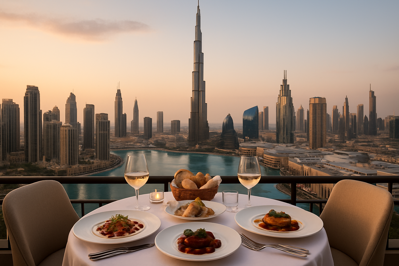 Gourmet dining setup overlooking Dubai’s skyline